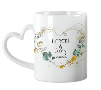 Personalisierte Hochzeitstasse Hochzeitsgeschenk Blumenkranz Herz Brautpaar, Kaffeebecher - Geschenk Hochzeit