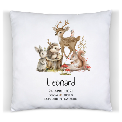 Personalisierte Kinderdecke Geschenk zur Geburt und Taufe | Waldtiere Kissen & Kinderposter
