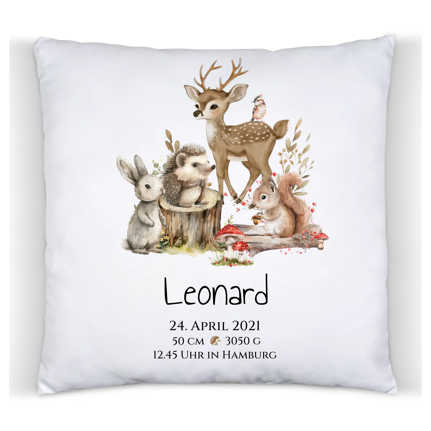 Personalisierte Kinderdecke Geschenk zur Geburt und Taufe | Waldtiere Kissen & Kinderposter