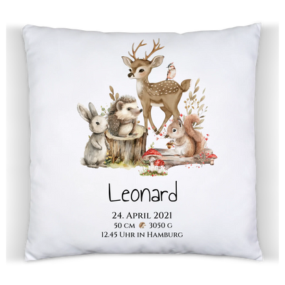Personalisierte Kinderdecke Geschenk zur Geburt und Taufe | Waldtiere Kissen & Kinderposter