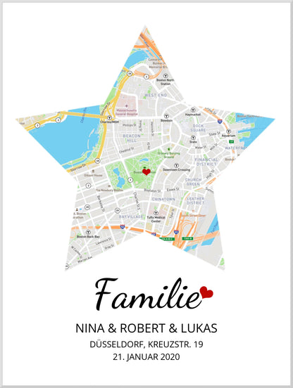 Geschenk Familie Poster personalisiert | Stern Stadtkarten Poster | Wohnort Familie | Geschenk Einzug, Hochzeit Hochzeitstag, Jahrestag, Verlobung