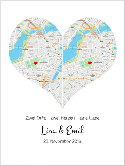 Wo alles begann Poster | Personalisierte Stadtkarte mit Herz - 2 Orte, ein Herz -Kennenlernorte - Städtekarte - Hochzeitsgeschenk-Hochzeitstag Geschenk- Glückwünsche-Hochzeitswünsche