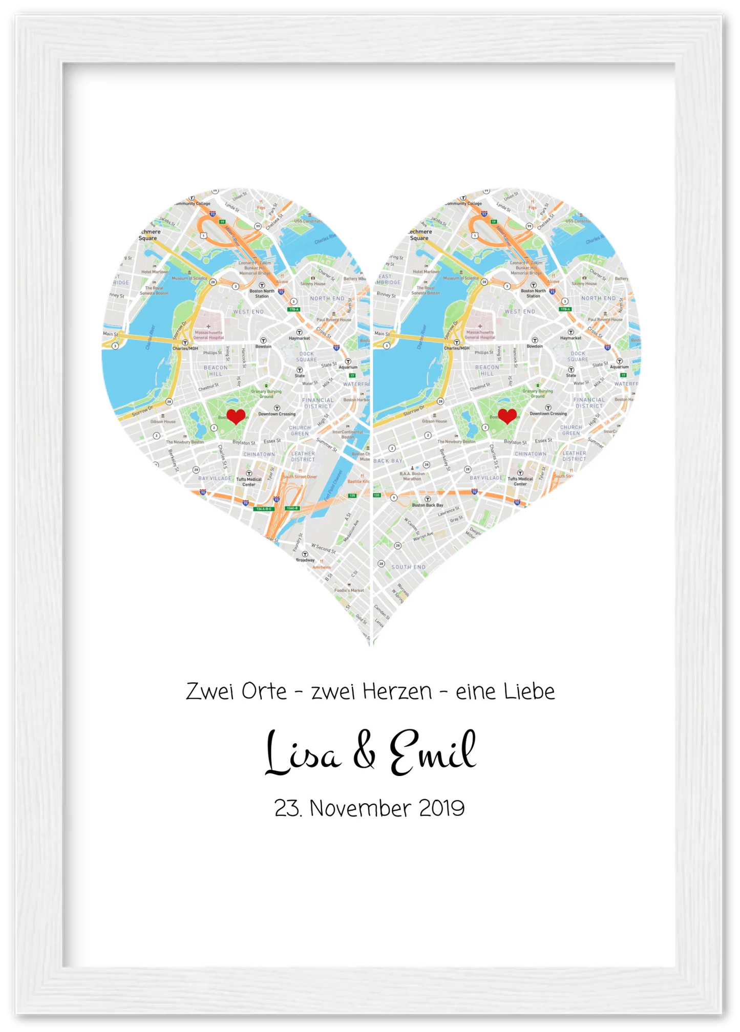Wo alles begann Poster | Personalisierte Stadtkarte mit Herz - 2 Orte, ein Herz -Kennenlernorte - Städtekarte - Hochzeitsgeschenk-Hochzeitstag Geschenk- Glückwünsche-Hochzeitswünsche