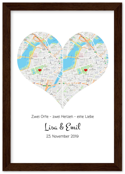 Wo alles begann Poster | Personalisierte Stadtkarte mit Herz - 2 Orte, ein Herz -Kennenlernorte - Städtekarte - Hochzeitsgeschenk-Hochzeitstag Geschenk- Glückwünsche-Hochzeitswünsche