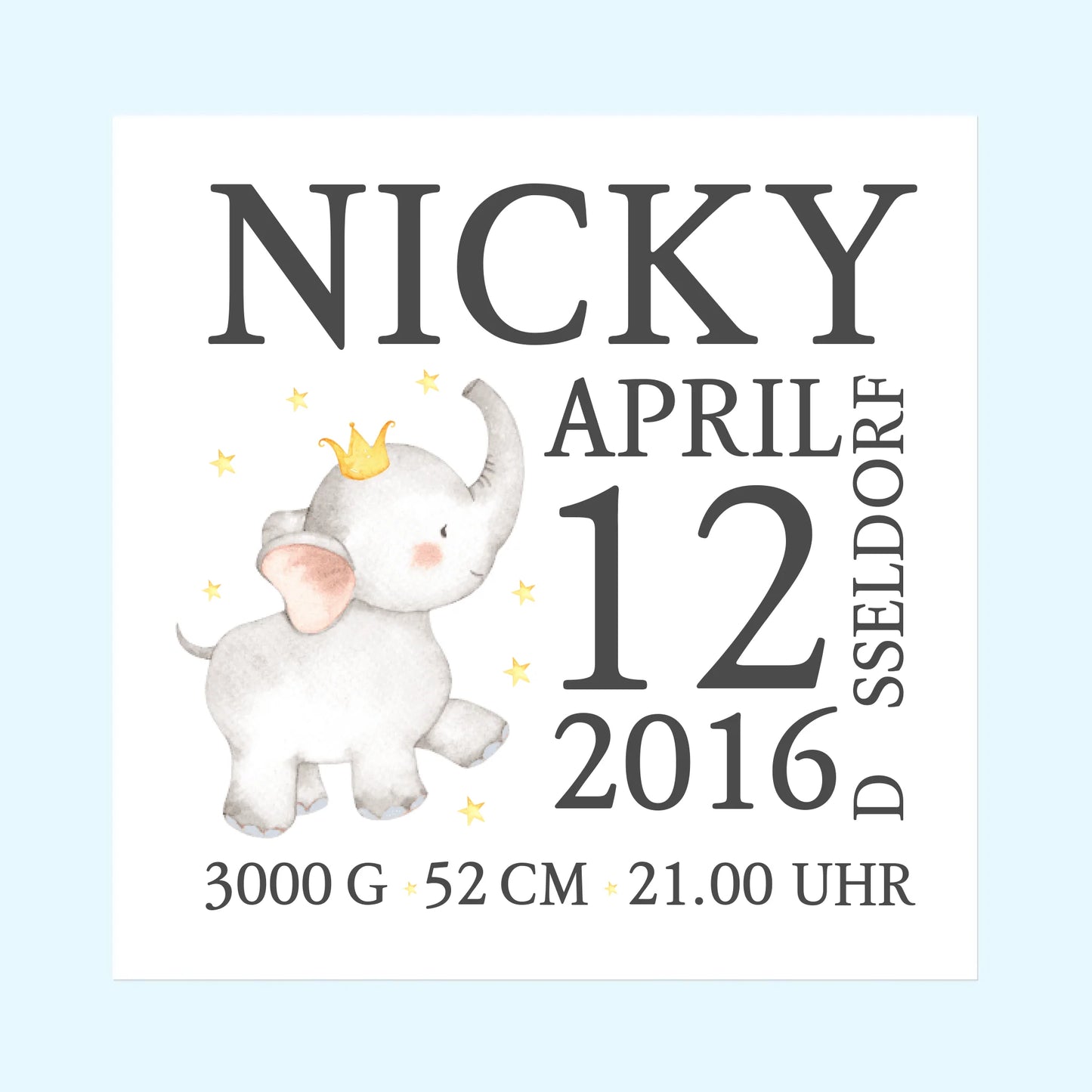 Elefant - Personalisiertes Geburtsposter - personalisierte Geburtsanzeige mit Namen und Geburtsdaten gestalten
