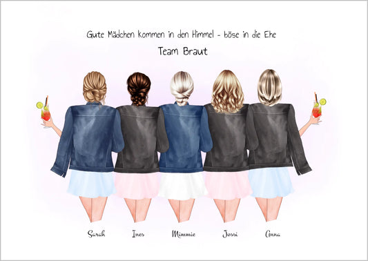 Team Braut, Personalisiertes Geschenk Junggesellinnenabschied Poster, Freundinnen Bild JGA Braut, Brautjungfern