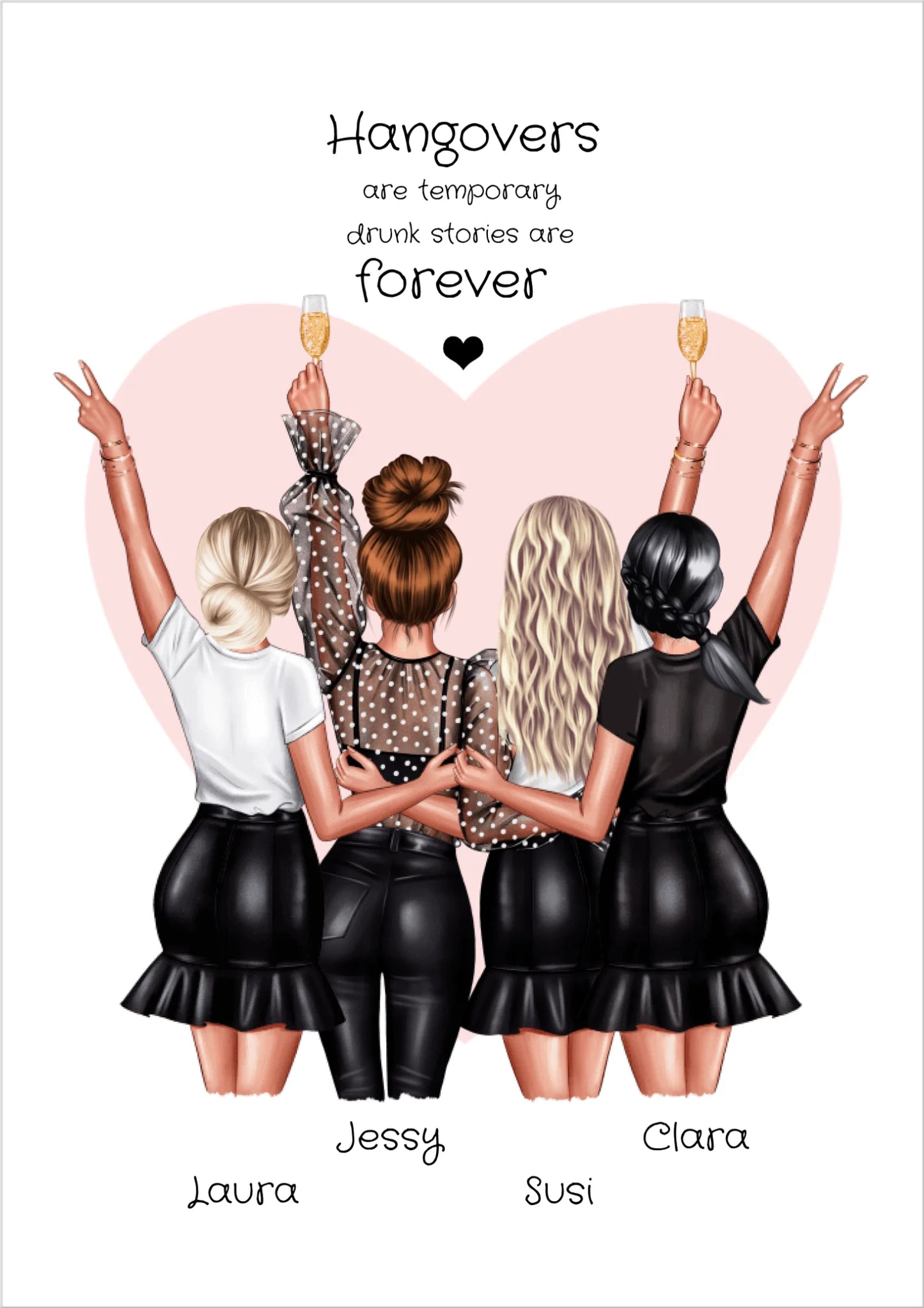 Vier Frauen feiern Freundschaft vor Herz, personalisiertes Geschenk Poster, FRUNDS Geschenkidee