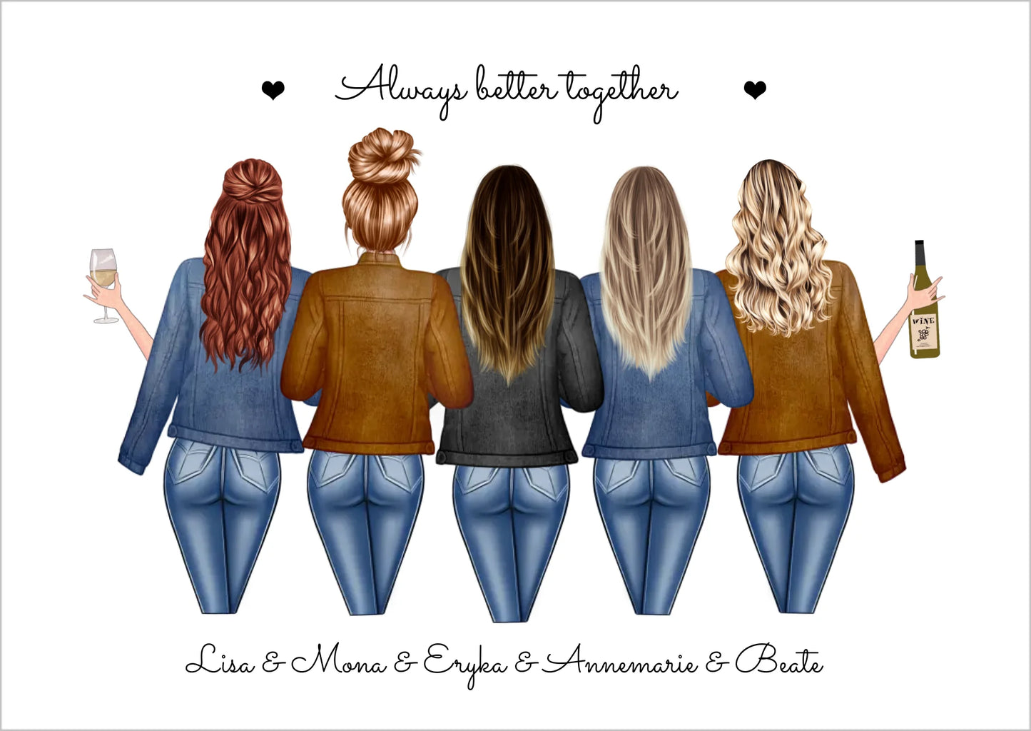 Personalisierte Illustration von fünf Freundinnen mit Jeans und Jacken, Geschenkidee FRUNDS