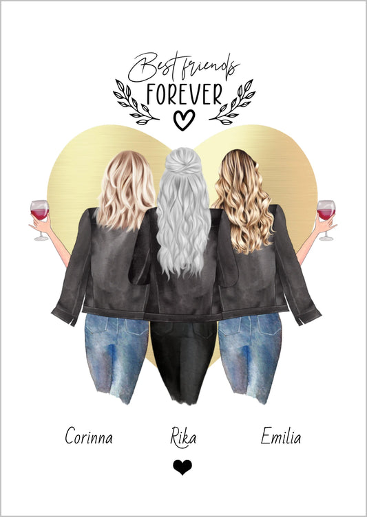 Personalisierte Geschenkidee: Drei Frauen mit Wein, Best Friends Forever Poster, Herzmotiv