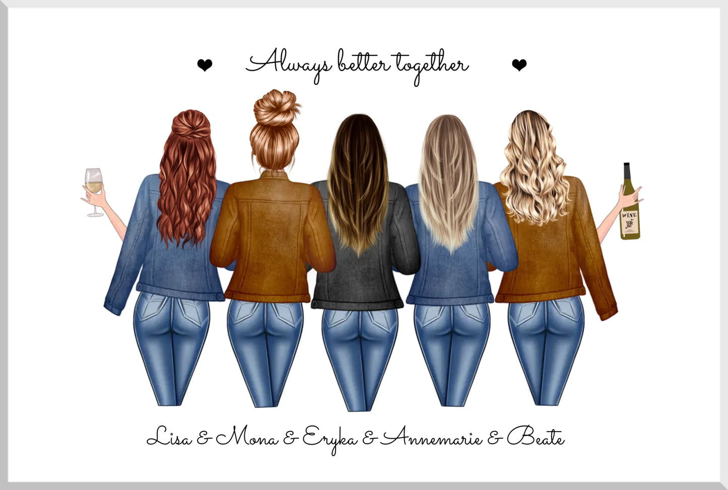 Personalisierte Illustration von fünf Freundinnen Rückenansicht, Jeans, Jacken, Wein, Freundschaft