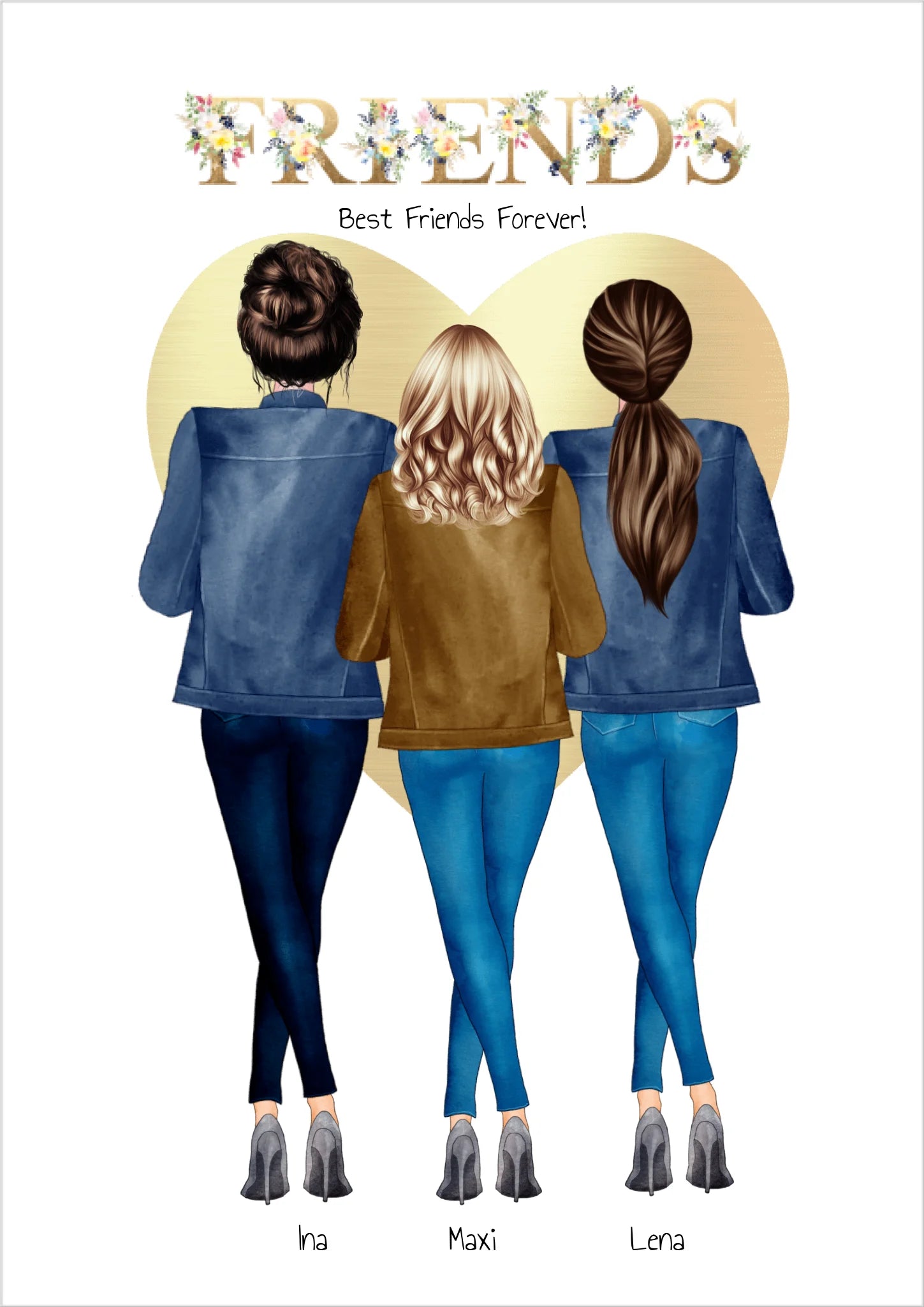 Drei Freundinnen von hinten vor goldenem Herz, personalisiertes Geschenkbild Freunde