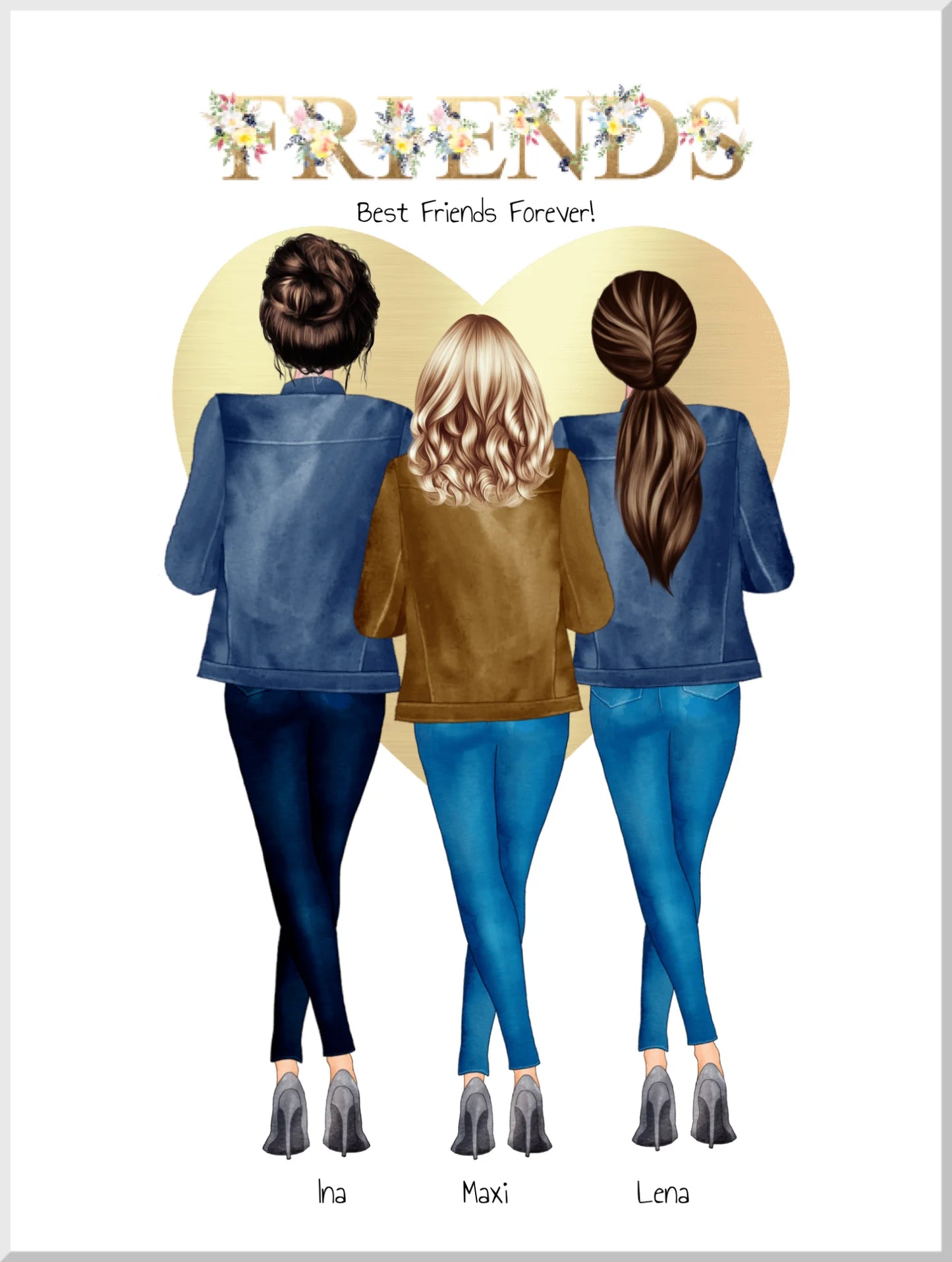 Poster mit drei Frauen als Freunde von hinten vor Herz, personalisiertes Geschenk für Freundinnen