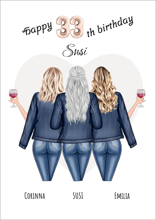 Personalisiertes Geschenk Poster 3 Beste Freundinnen Bild Geburtstagsgeschenk - 33. Geburtstag Freundin Bild