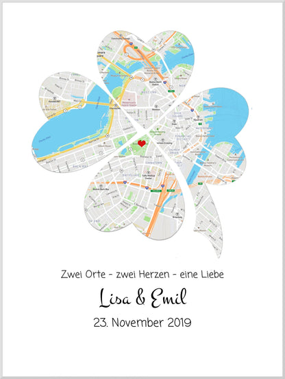 Personalisiertes Hochzeitsgeschenk Kleeblatt Poster Stadtkarte Design | Bild Geschenk Hochzeitstag, Jahrestag, Jubiläum