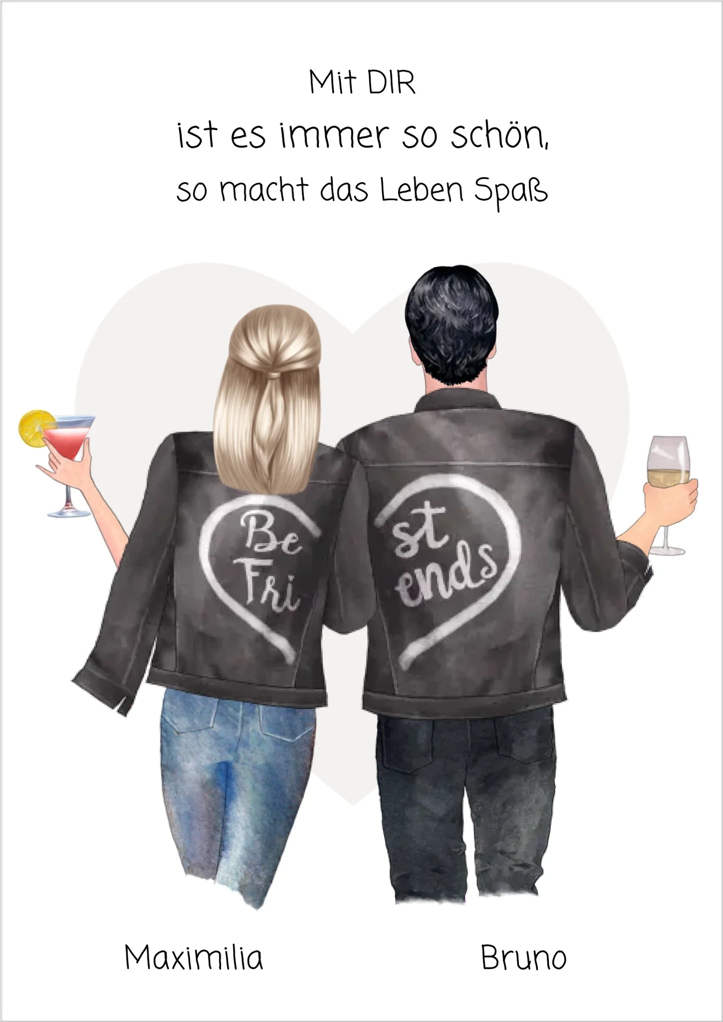 Personalisierte Illustration von zwei Freunden mit passenden Lederjacken und Getränken, perfekte Geschenkidee für beste Freunde