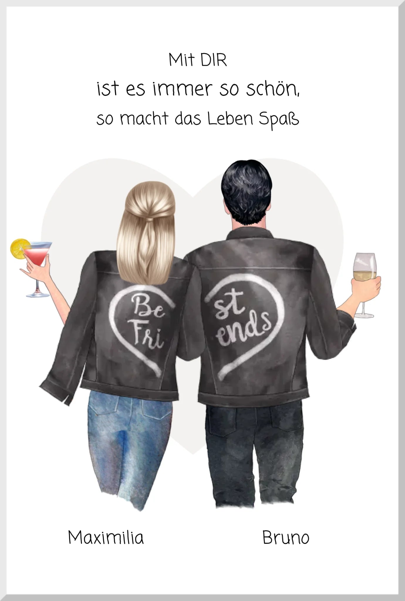 Illustration von zwei Freunden mit personalisierten Lederjacken, Herz-Design und Getränken, Geschenkidee für beste Freunde