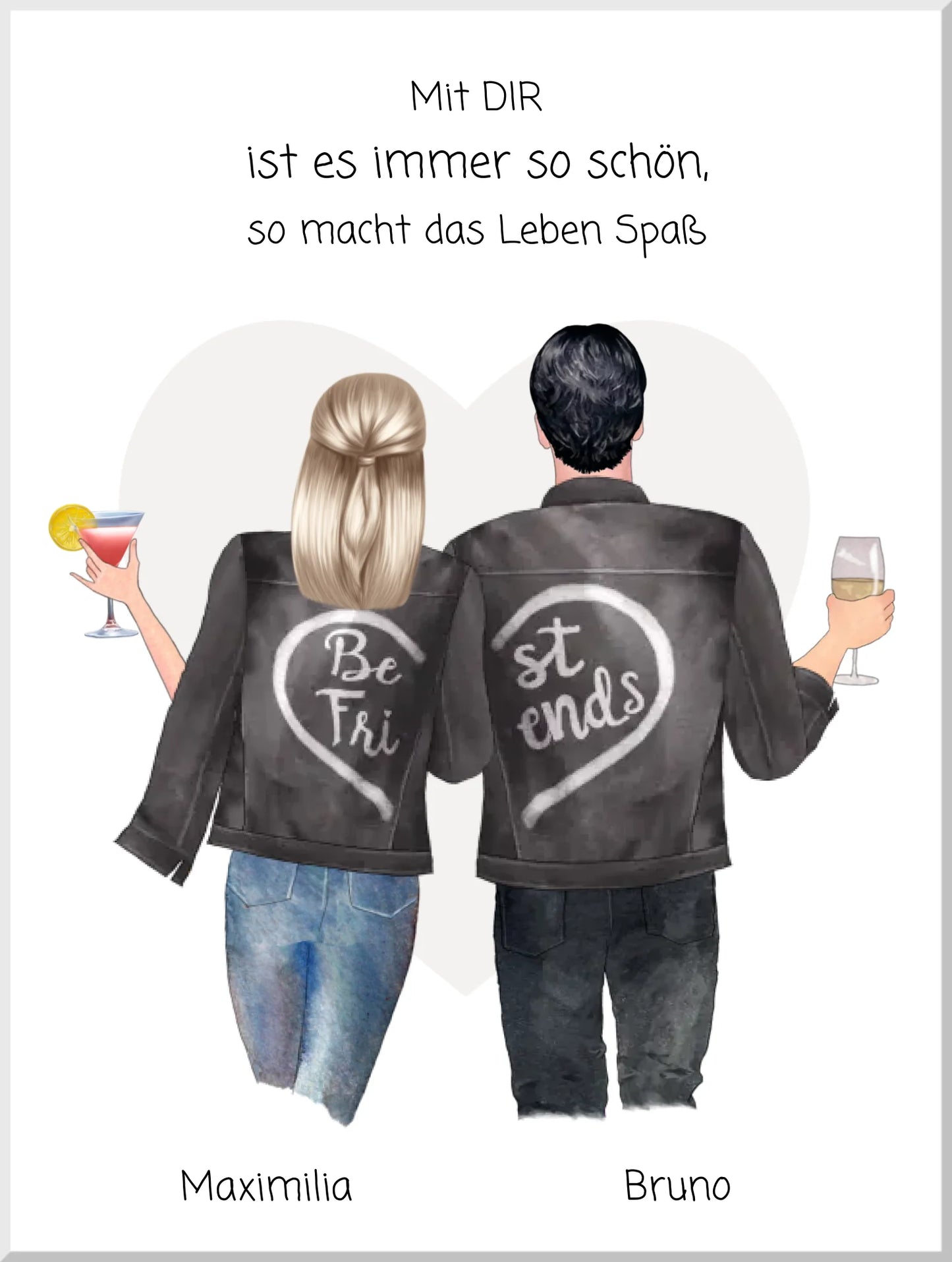 Personalisierte Geschenkidee: Zwei Freunde mit Best Friends Jacken, Getränke in der Hand, Illustration für Freundschaftsgeschenke