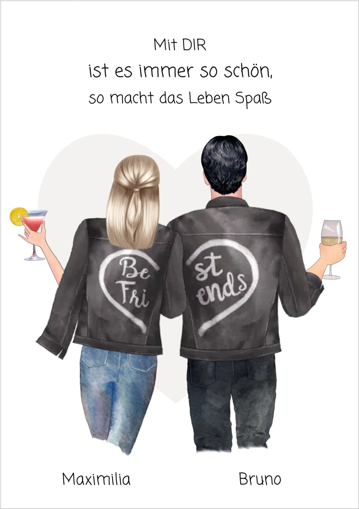 Personalisierte Geschenkidee: Zwei Freunde mit Best Friends-Jacken, Getränke, Herz-Hintergrund, Namen Maximilia und Bruno