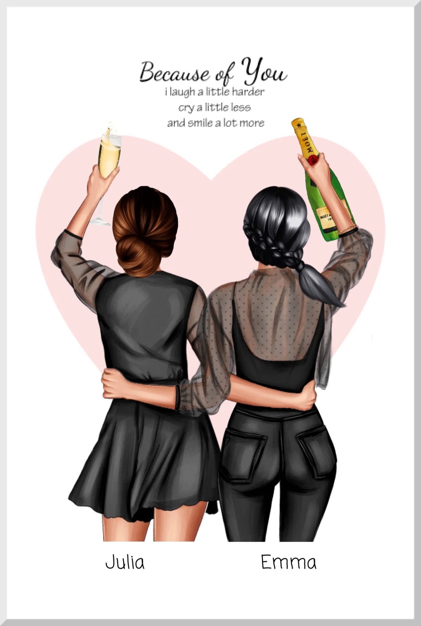 Illustration zweier Freundinnen mit Sektglas und Champagner, Umarmung vor rosafarbenem Herz, personalisierte Geschenkidee