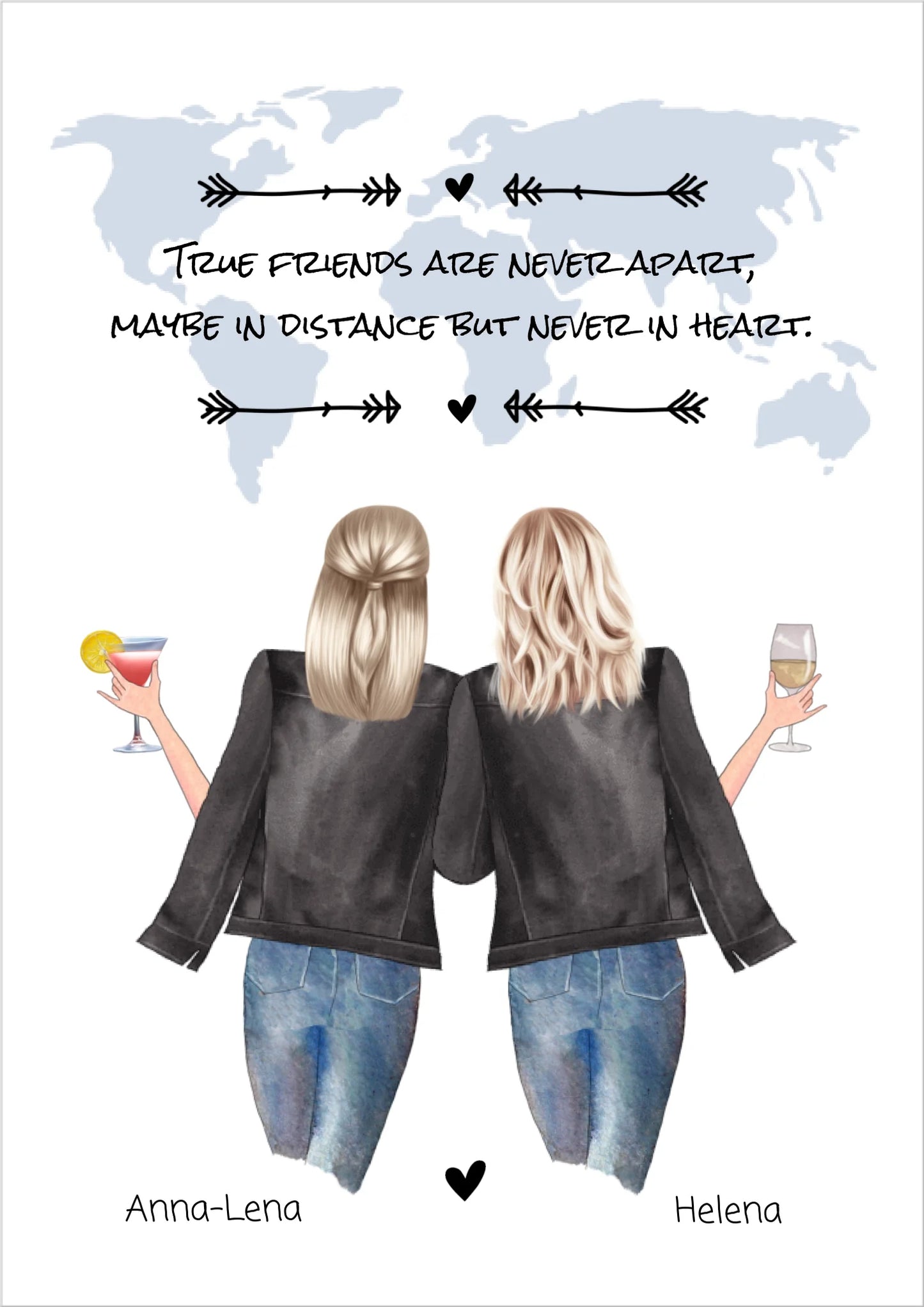 Personalisierte Freundschaftsillustration zweier Frauen mit Drinks vor Weltkarte, Geschenkidee