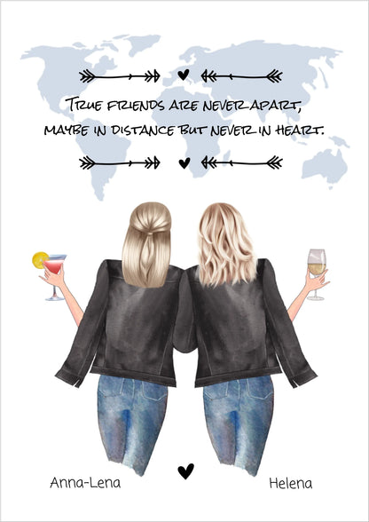 Personalisierte Freundschaftsillustration zweier Frauen mit Drinks vor Weltkarte, Geschenkidee