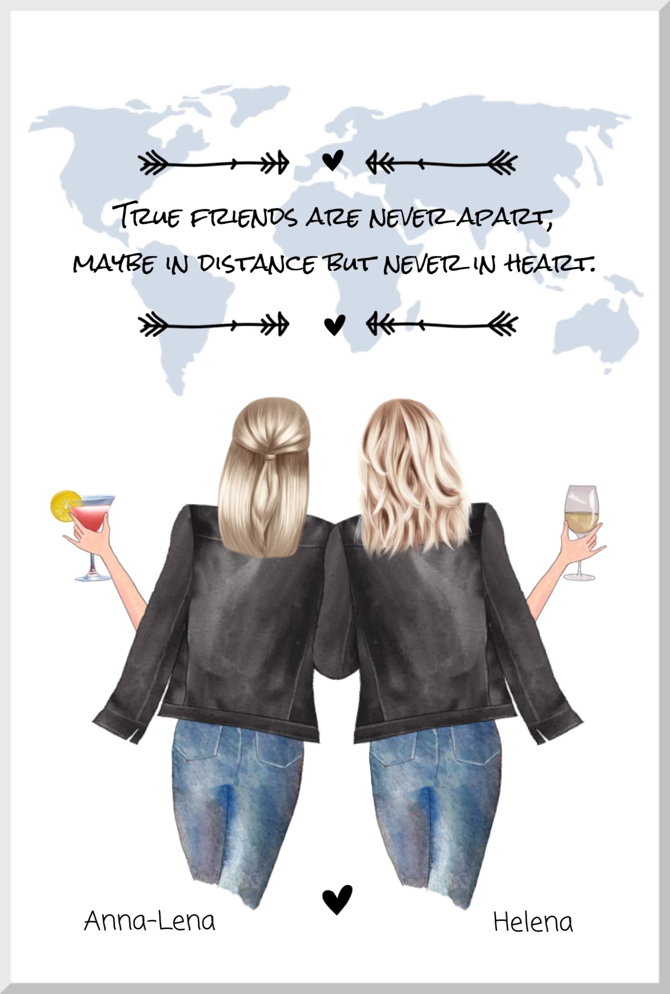 Zwei Frauen mit Drinks und Jeans, Rückenansicht vor Weltkarte, Freundschafts-Poster Geschenkidee