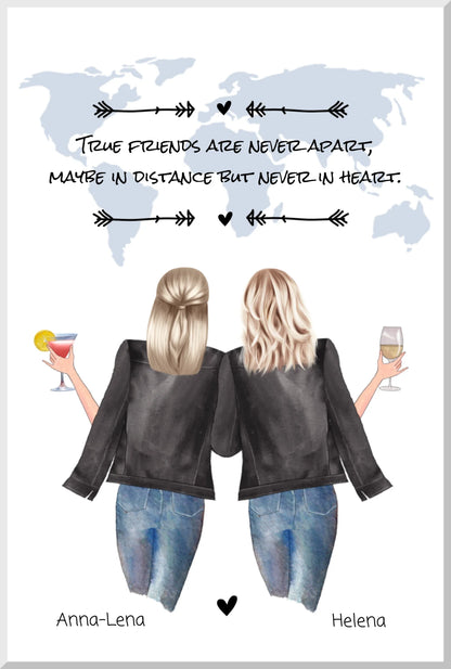 Zwei Frauen mit Drinks und Jeans, Rückenansicht vor Weltkarte, Freundschafts-Poster Geschenkidee