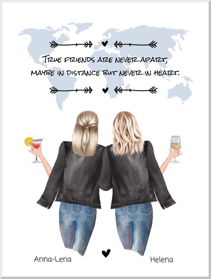 Personalisierte Poster-Idee: Zwei Freundinnen von hinten, mit Getränken, vor Weltkarte, Zitat zu Freundschaft.