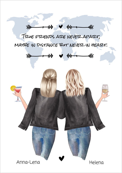 Personalisierte Geschenkidee: Zwei Freundinnen mit Getränken, Weltkarte und Freundschaftsspruch
