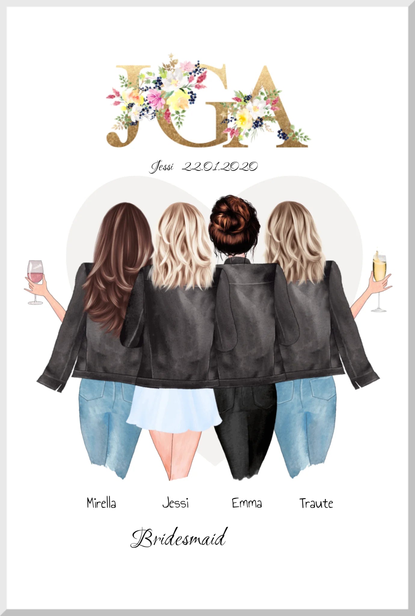 Personalisiertes Geschenk JGA Poster, Junggesellinnenabschied Freundin, Team Braut, Bridesmaids, Braut Geschenk 4 Freundinnen