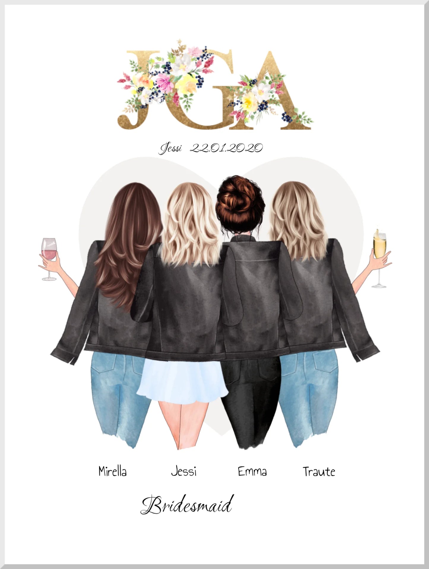 Personalisiertes Geschenk JGA Poster, Junggesellinnenabschied Freundin, Team Braut, Bridesmaids, Braut Geschenk 4 Freundinnen