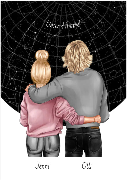 Personalisiertes Poster Geschenk Freundin / Freund - Paar Bild mit Stadtkarte / Sternenkarte - Geburtstagsgeschenk, Weihnachtsgeschenk