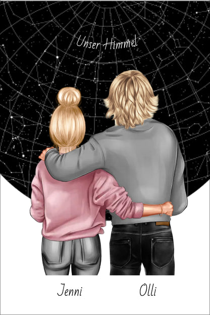 Personalisiertes Poster Geschenk Freundin / Freund - Paar Bild mit Stadtkarte / Sternenkarte - Geburtstagsgeschenk, Weihnachtsgeschenk