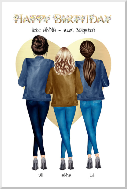 Beste Freundin 30. Geburtstag Geschenk - Freundin Bild mit 3 Frauern | Happy Birthday Poster