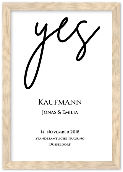 Personalisiertes Hochzeitsposter "YES" |  Hochzeitsgeschenk Bild mit Namen und Datum