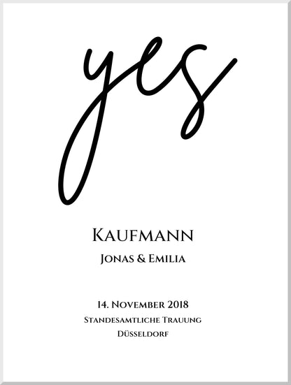 Personalisiertes Hochzeitsposter "YES" |  Hochzeitsgeschenk Bild mit Namen und Datum