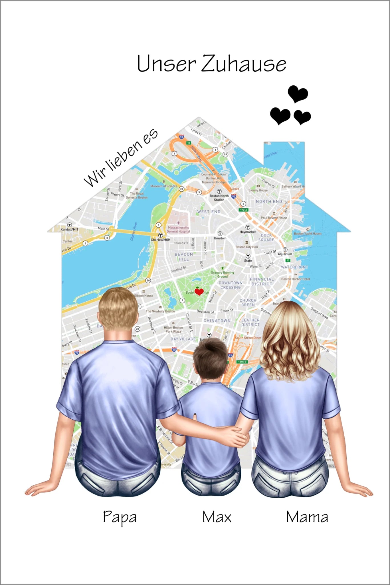 Unser Zuhause Familienbild Eltern mit 1 Kind Poster als Einzugsgeschenk in Wohnung, Haus