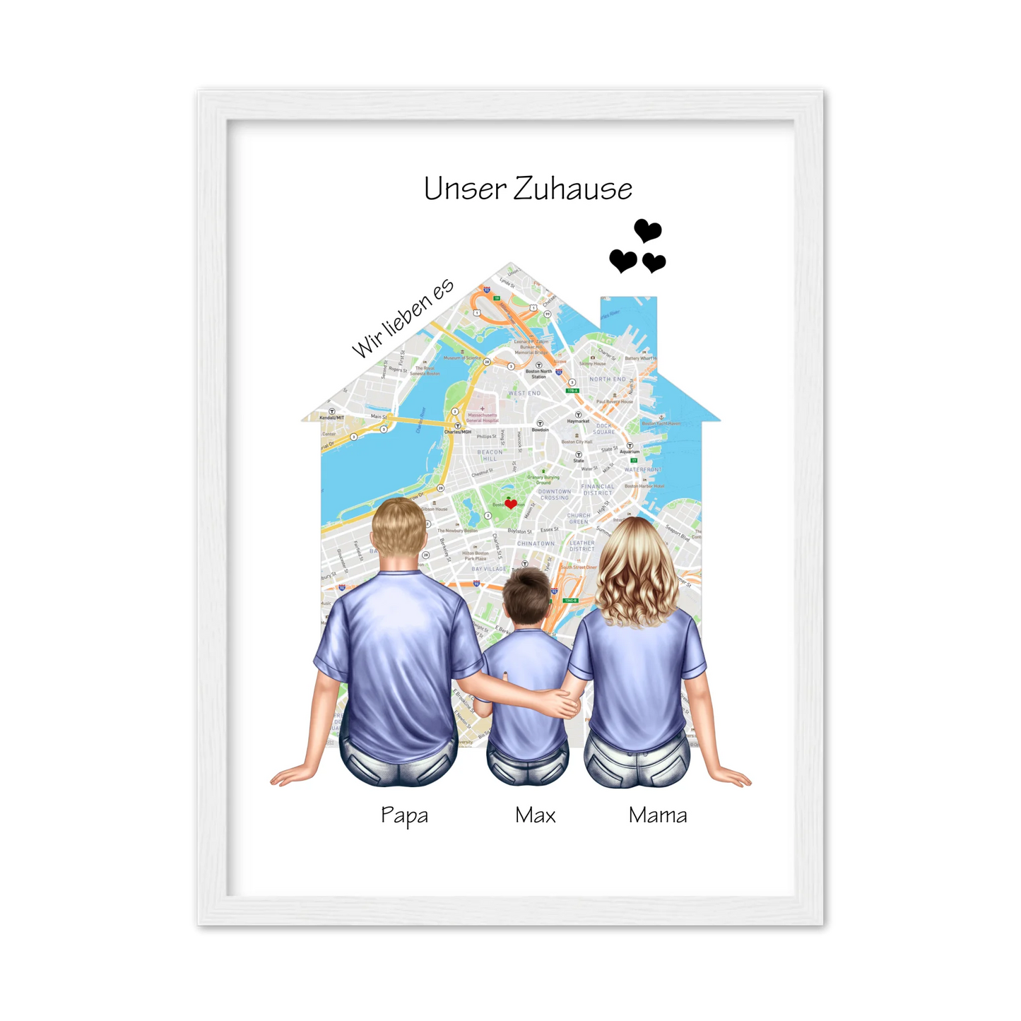 Unser Zuhause Familienbild Eltern mit 1 Kind Poster als Einzugsgeschenk in Wohnung, Haus