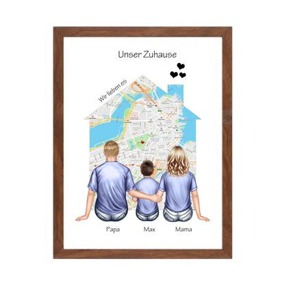 Unser Zuhause Familienbild Eltern mit 1 Kind Poster als Einzugsgeschenk in Wohnung, Haus