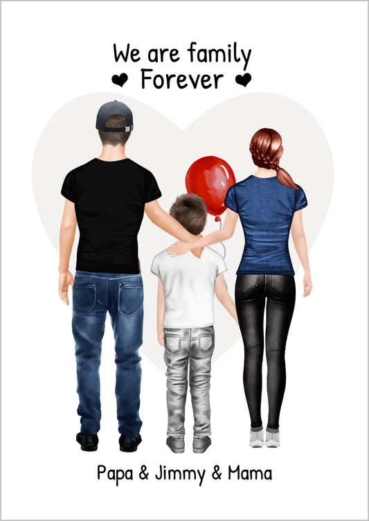 Personalisiertes Poster Geschenk Familie - Familienbild mit 1 Kind - Personalisiertes Familienportrait - We are family