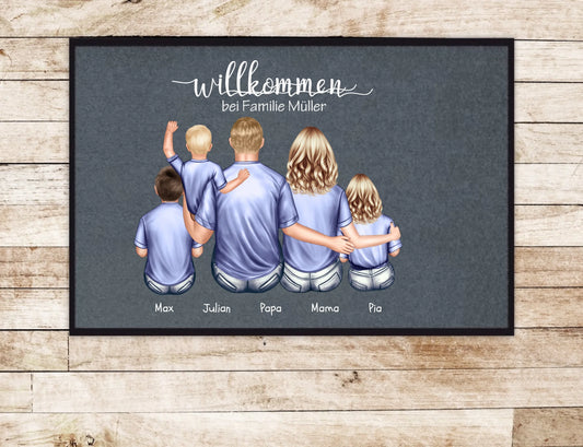Geschenk Familie | Personalisierte Fußmatte Familie Mama | Papa, 3 Kindern mit Name | Dekofußmatte