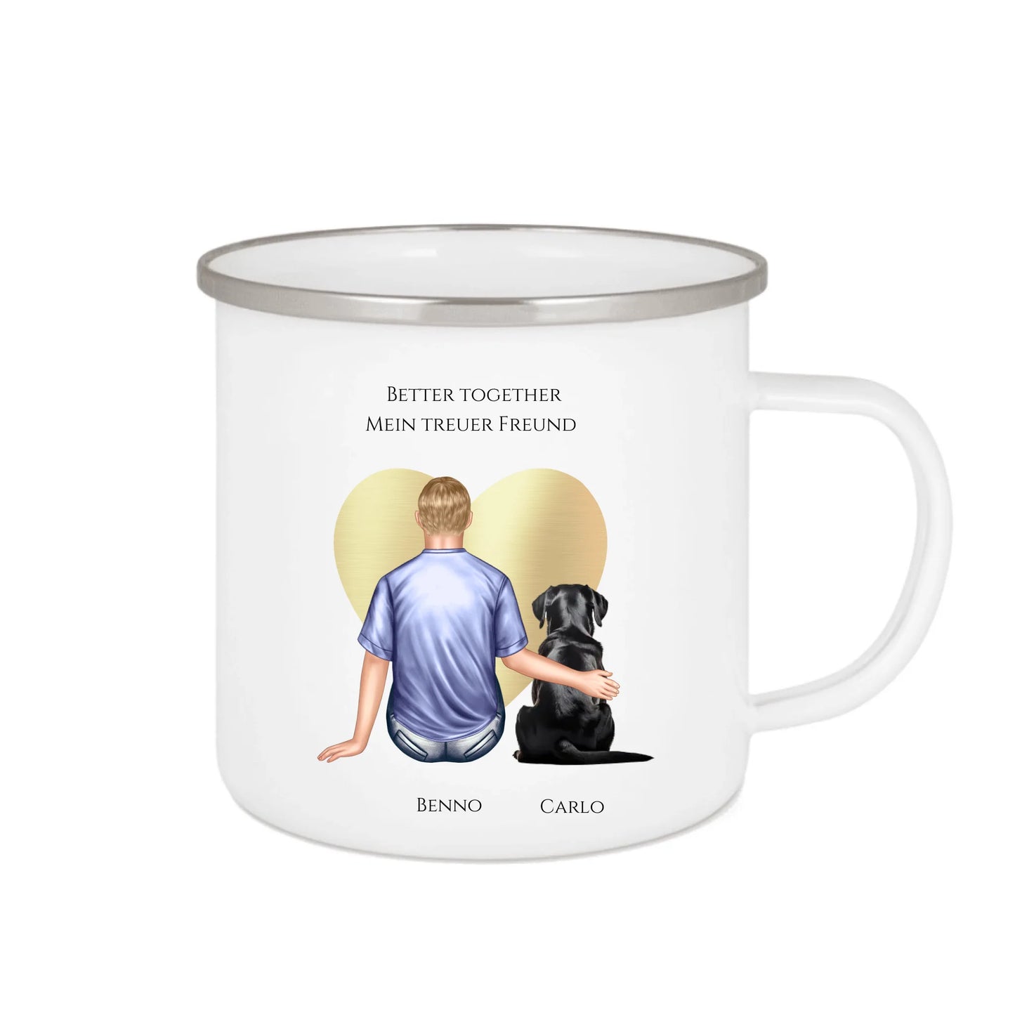 Geschenk Freund, Mann / Junge mit Hund Emaille Tasse Geburtstagsgeschenk Hundebesitzer Weihnachtsgeschenk