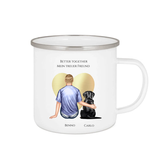 Geschenk Freund, Mann / Junge mit Hund Emaille Tasse Geburtstagsgeschenk Hundebesitzer Weihnachtsgeschenk