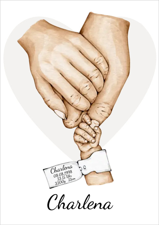 Geburtsanzeige Baby mit Namen und Datum | Personalisiertes Geschenk zur Geburt | Taufgeschenk | Geschenk Geburt mit Hände Motiv