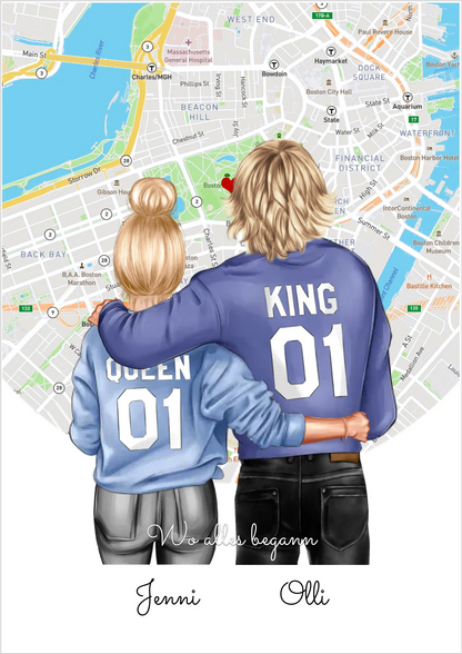 Personalisiertes Poster Geschenk für Freund / Freundin & Partnerin/Partner - Pärchen, Geschenk - Paar Bild mit Stadtkarte / Sternenkarte