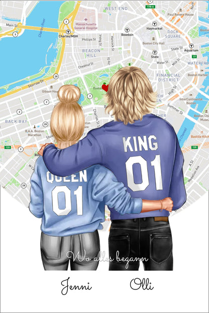 Personalisiertes Poster Geschenk für Freund / Freundin & Partnerin/Partner - Pärchen, Geschenk - Paar Bild mit Stadtkarte / Sternenkarte