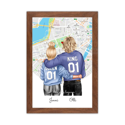 Personalisiertes Poster Geschenk für Freund / Freundin & Partnerin/Partner - Pärchen, Geschenk - Paar Bild mit Stadtkarte / Sternenkarte