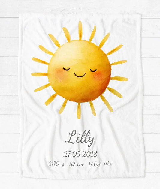 Personalisiertes Geburtsgeschenk / Taufgeschenk: Sonne Decke mit Name und Geburtsdaten