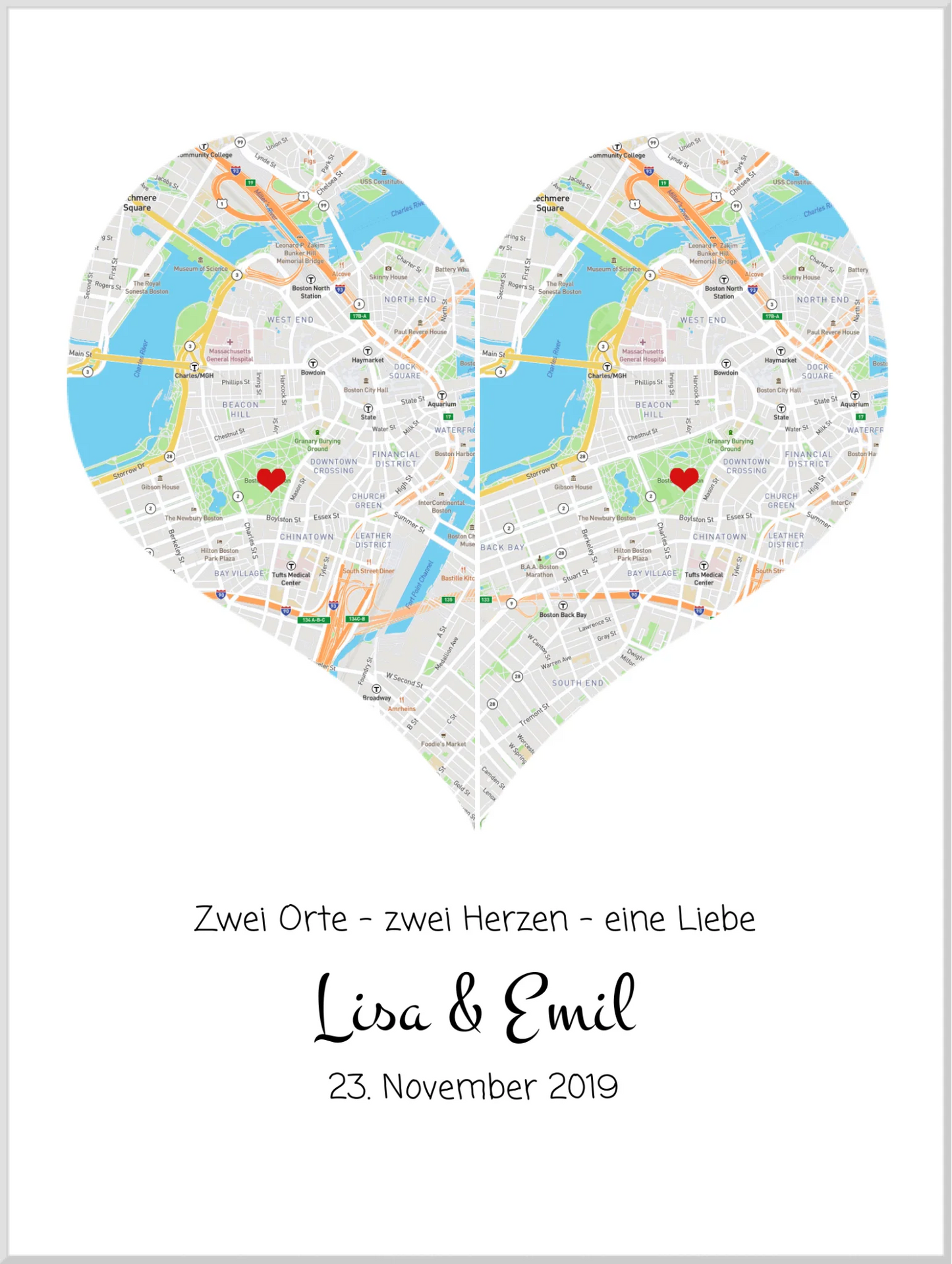 Wo alles begann Poster | Personalisierte Stadtkarte mit Herz - 2 Orte, ein Herz -Kennenlernorte - Städtekarte - Hochzeitsgeschenk-Hochzeitstag Geschenk- Glückwünsche-Hochzeitswünsche