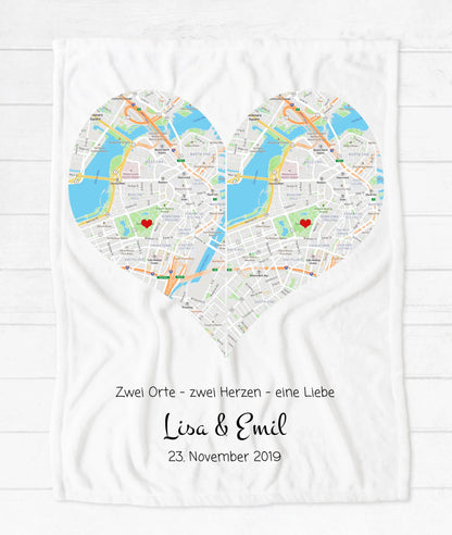 Wo alles begann - Stadtkarte Fleece Decke - 2 Herzen - Hochzeitsgeschenk - Partnergeschenk - Weihnachtsgeschenk